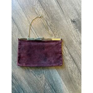 Vintage Suede Evening Bag Gold Chain Strap Maroon Clutch Purse Elegant